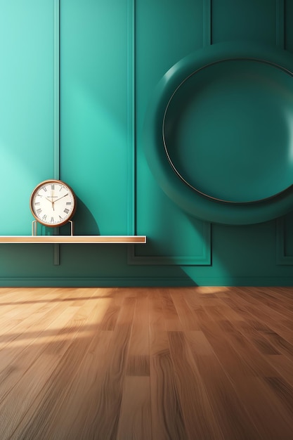 Une horloge sur une étagère avec un mur vert et une horloge dessus.