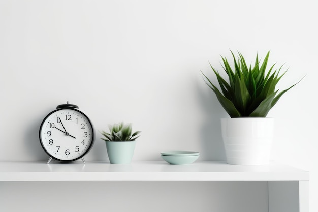 Une horloge sur une étagère avec une plante en arrière-plan