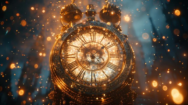 Une horloge et des feux d'artifice attendent minuit Un fond abstrait et défoulé