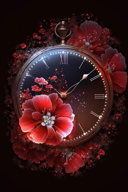 Une horloge avec une fleur rouge dessus et l'heure est 7h30.