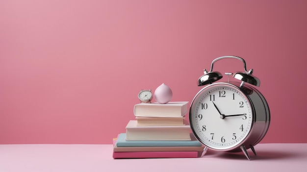 Une horloge sur fond rose avec des livres et un fond rose