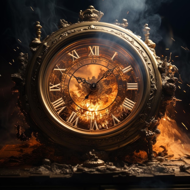 Photo une horloge avec de la fumée et des flammes