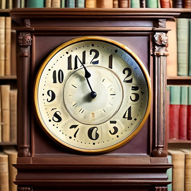 Une horloge grand-père qui tourne dans un coin oublié d'une vieille bibliothèque