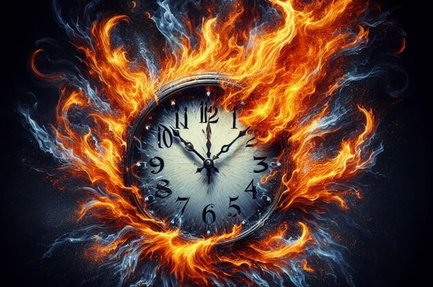 Photo une horloge immergée dans les flammes