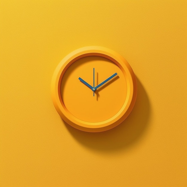 Une horloge jaune avec des aiguilles bleues sur fond jaune.