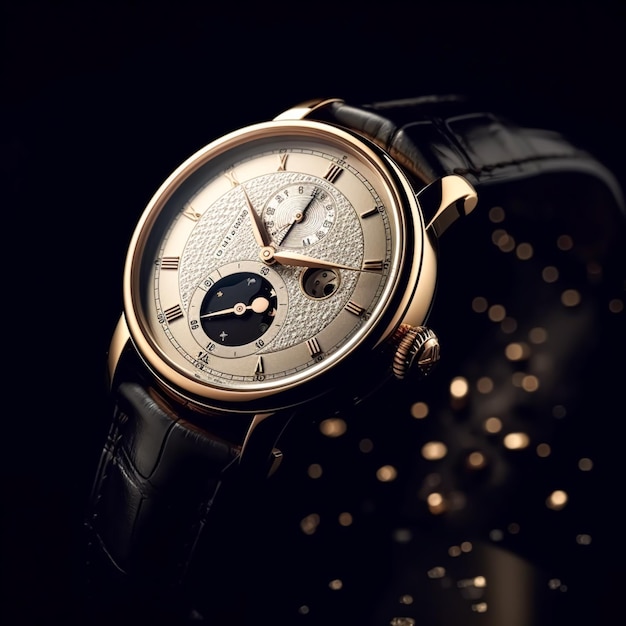 Horloge masculine de luxe concept commercial design en or sur mesure sur fond foncé génératif ai