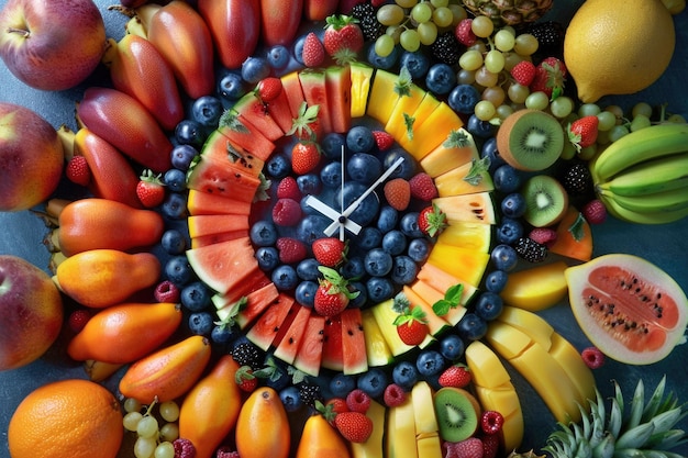 Une horloge méticuleusement conçue à partir d'une variété de fruits et légumes frais présentant une représentation unique et artistique de l'horloge