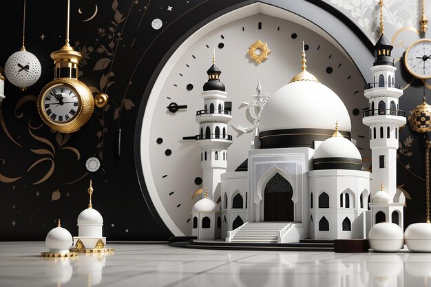 Une horloge de mosquée blanche et noire sur le fond supérieur des médias sociaux du ramadan