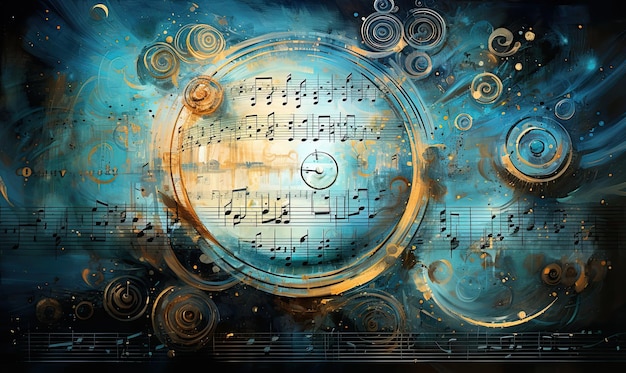 Une horloge numérique avec des notes de musique au fond.