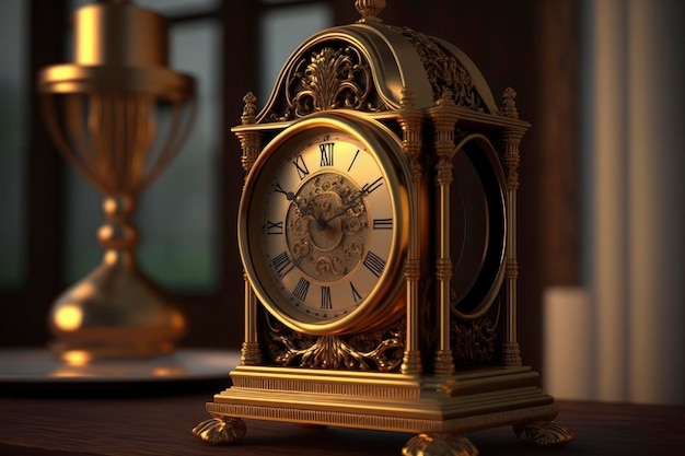 Horloge en or sur une table en bois rendu 3D steampunk