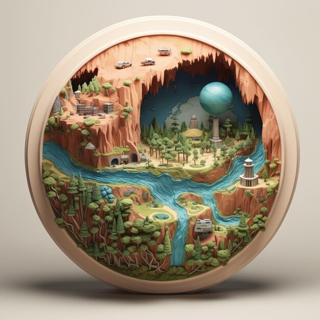 Une horloge avec une peinture d'une forêt et d'une rivière.