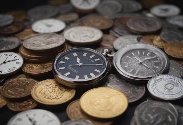 horloge et piles de pièces de monnaie temps argent
