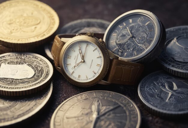 Photo horloge et piles de pièces de monnaie temps argent