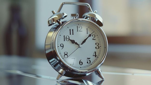 Horloge réveil en chrome vintage sur surface de verre réfléchissant