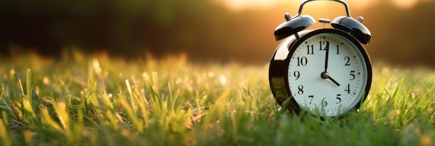 Horloge de réveil de couleur noire sur l'herbe verte