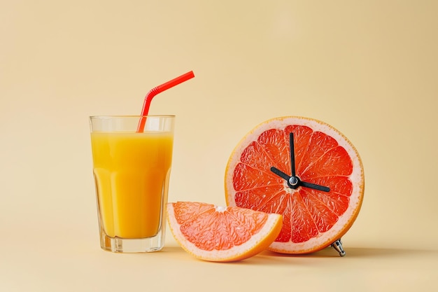 Horloge réveil avec un pamplemousse coupé au lieu du cadran de l'horloge Heure d'été Bienvenue à l'été Concept minimal créatif Vitamines plan de régime alimentaire fruitier et végétalien Horloge de réveil Citrus