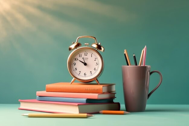 Horloge réveil et pile de livres sur fond bleu Concept de retour à l'école IA générative