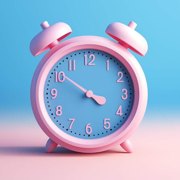 Horloge réveil rose 3D sur fond bleu pastel par generative Ai