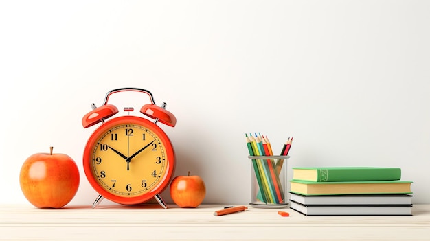 Horloge réveil rouge et jaune avec pomme rouge et équipement scolaire