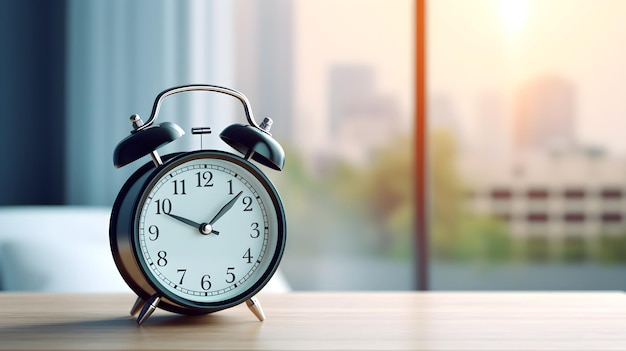 Horloge réveil sur la table avec fond flou de chambre à coucher