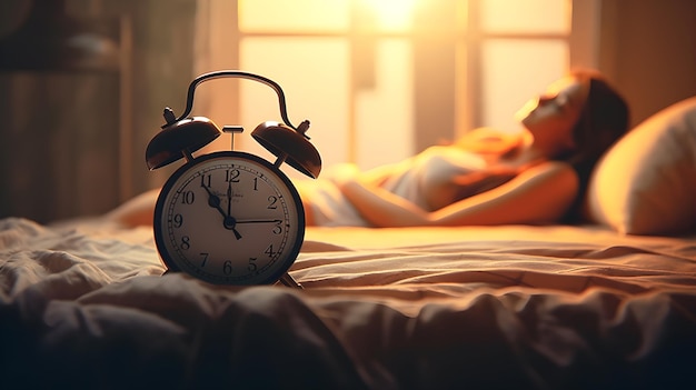 Horloge réveil sur la table avec fond flou de chambre à coucher