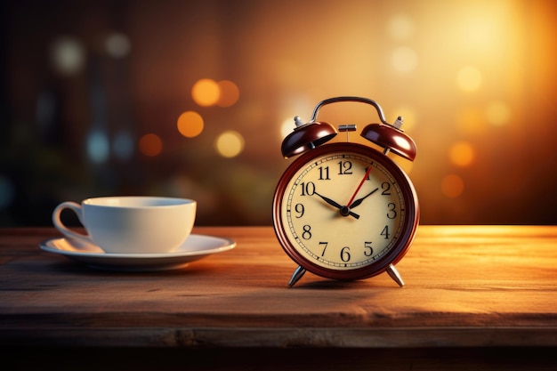 Horloge de réveil et tasse de café sur fond de bois