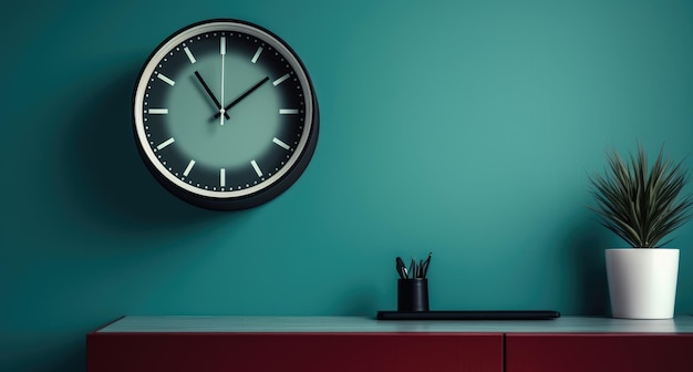 Une horloge ronde sur le mur, une horloge de bureau.