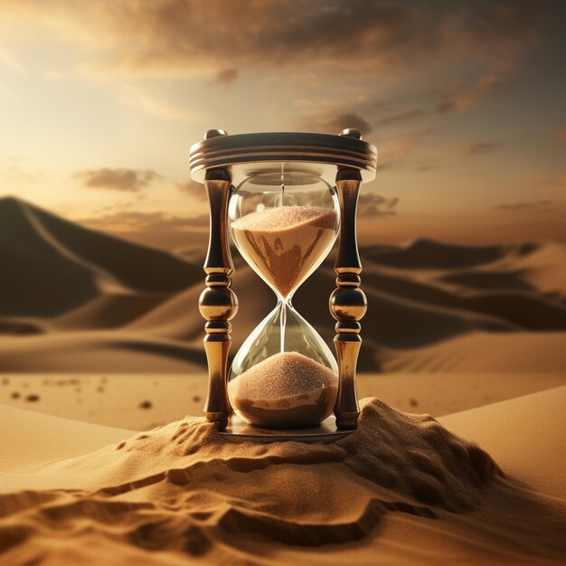 horloge de sable arrafée dans le désert avec une montagne en arrière-plan