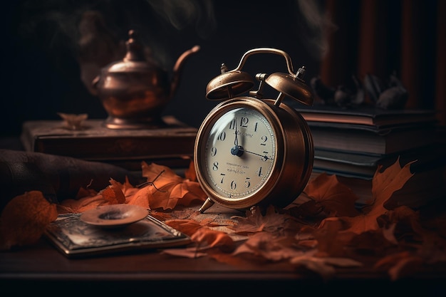 Une horloge sur une table avec des feuilles d'automne dessus