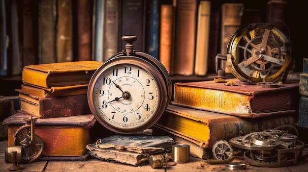 Une horloge sur une table avec des livres et une horloge dessus