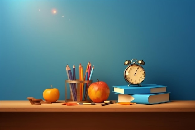 Une horloge sur une table avec une tasse de pomme et des crayons à côté