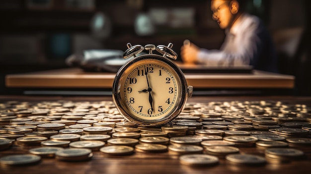 Horloge et tas d'argent sur une table en bois avec un homme d'affaires surmené IA générative