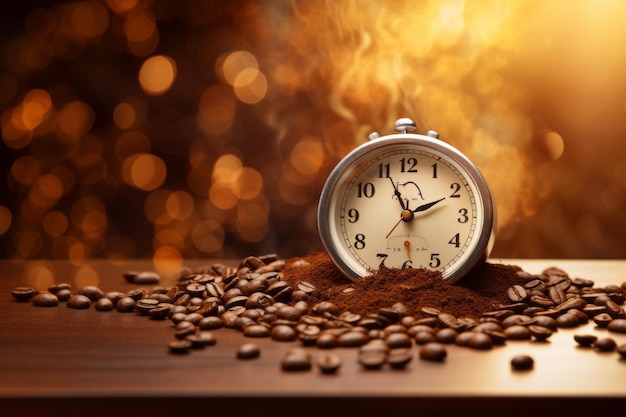 Une horloge sur un tas de grains de café
