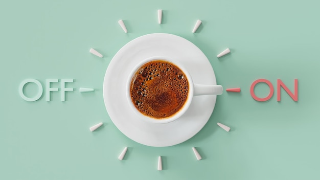 Horloge de tasse de café pointant vers l'heure du matin en mode réveil, rendu 3d