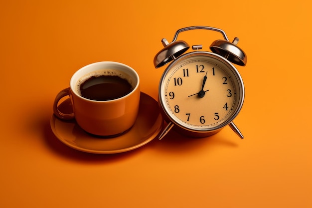 Une horloge et une tasse de café sont sur une table.