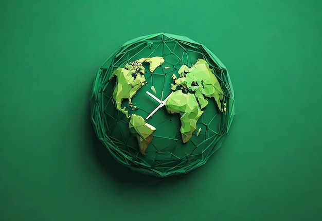 Horloge terrestre à cadre de fil poly bas sur un fond vert Concept de l'épuisement des ressources de la terre