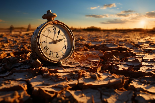 Horloge d'urgence évoquant placée sur un sol aride fissuré une image profonde