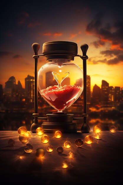 Photo horloge avec un verre plein de cœurs rouges sur le fond du festival temps d'aimer le concept de la saint-valentin ai generative