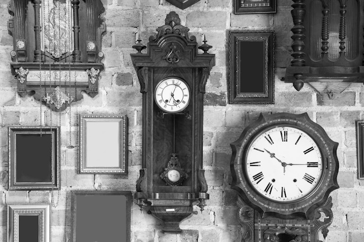 Photo horloge vintage monochrome et cadre photo accroché à un mur de briques