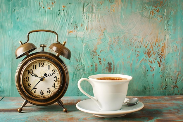 Photo horloge vintage avec une tasse de café sur la table