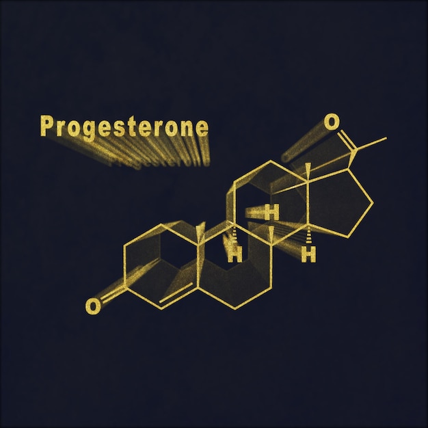 Hormone progestérone formule chimique structurale or sur fond sombre