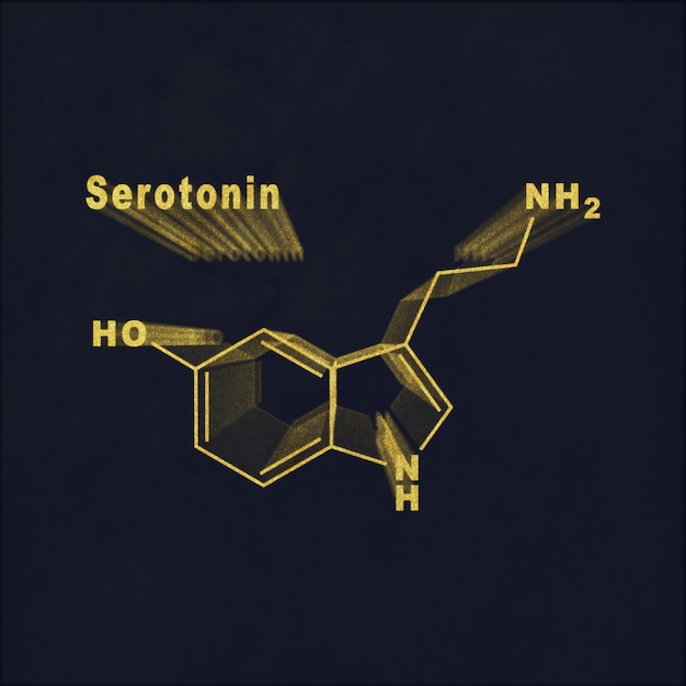 Hormone sérotonine formule chimique structurale or sur fond sombre