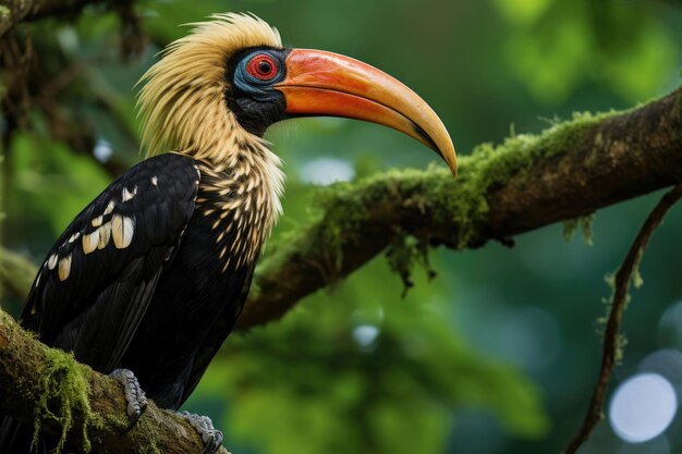 Un Hornbill casqué perché sur une branche d'arbre dans la forêt tropicale luxuriante