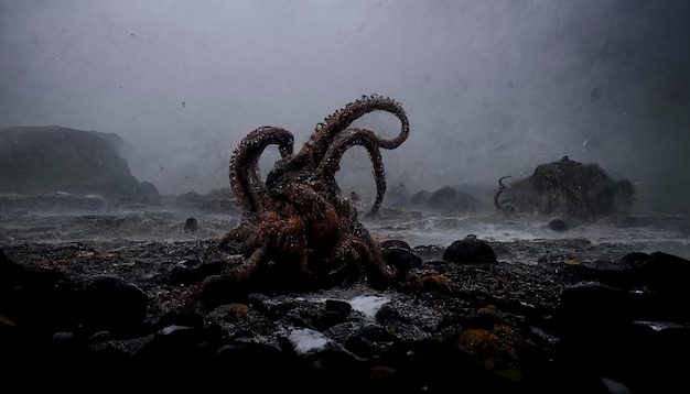Horreur, bord de mer avec pieuvre géante, image fantastique, cauchemar, plage au coucher du soleil avec monstre marin, créé avec la technologie Generative AI