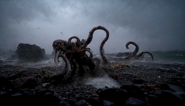 Horreur, bord de mer avec pieuvre géante, image fantastique, cauchemar, plage au coucher du soleil avec monstre marin, créé avec la technologie Generative AI