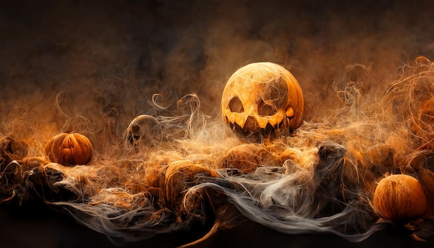 Horreur de citrouille d'Halloween et fumée sur fond sombre concept d'art numérique effrayant et effrayant