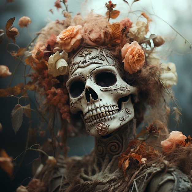 Horrible squelette ancien avec image de fleur Art généré par Ai