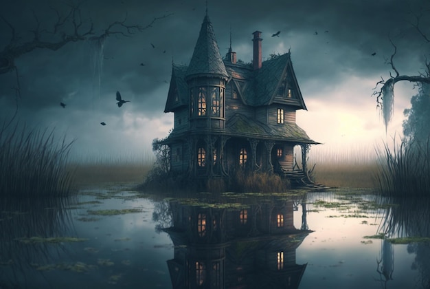 Horror house in swamp swamp générative ai