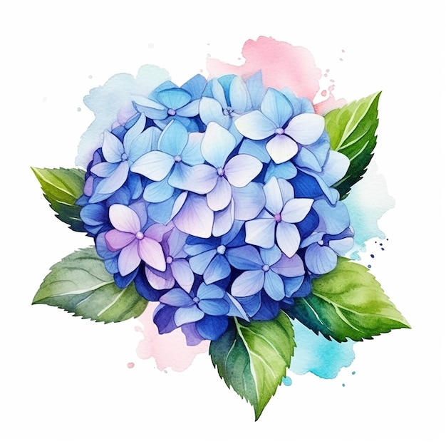 Un hortensia bleu avec des feuilles vertes.