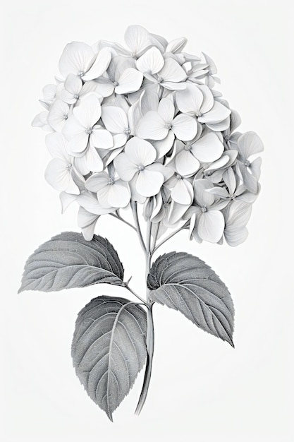 Hortensia dessin au trait floral noir et blanc sur fond blanc